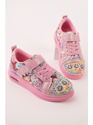 Muggo Smile Taş Detaylı Desenli Cırtlı Kız Çocuk Işıklı Günlük Sneaker Spor Ayakkabı