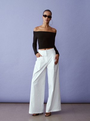 Dilvin 72666 Geniş Paça Pilili Pantolon-Beyaz