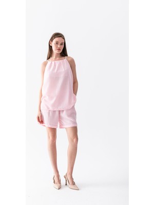 Kadın Yazlık Keten Askılı Bluz Şort Takımı Rahat Günlük Kombin Plaj Şıklığı