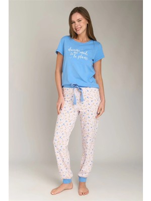 Lovely Things Dream Örme Kısa Kol Tişört Pantolon Set Pijama Takımı - Açık Mavi