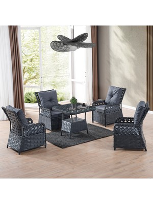 EVDEMO Duru 4 Kişilik Rattan Bahçe Balkon Mutfak Masa Takımı Antrasit