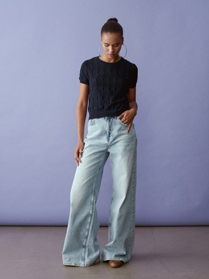 Dilvin 10788 Bisiklet Yaka Dokulu Triko Bluz-Koyu Laci