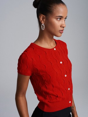 Dilvin 60980 Bisiklet Yaka Dokulu Triko Hırka-Kırmızı