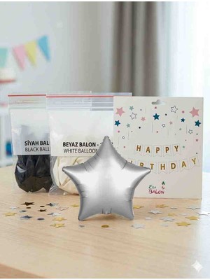Genel Lüks Parti Seti - 20 Adet Balon, Gümüş Yıldız Folyo ve "happy Birthday" Banner