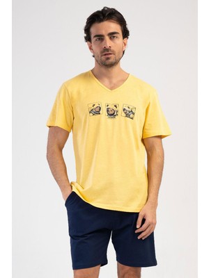 Vienetta Erkek V Yaka Baskılı Sarı Kısa Kol Şortlu %100 Pamuk Pijama Takımı C6T7N1904