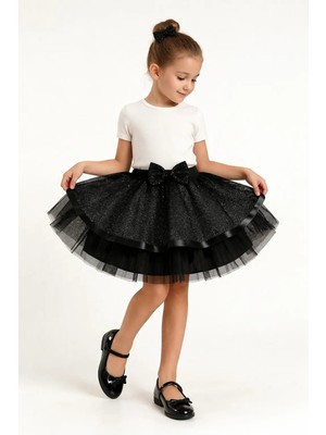 Sibel Günay Butik Kız Çocuk Siyah Işıltılı Tül Tütü Etek – Fiyonk Detaylı Özel Gün Eteği