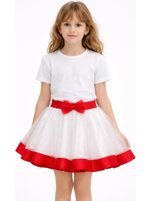 Sibel Günay Butik Kırmızı Şerit ve Fiyonk Detaylı Kız Çocuk Beyaz Tül Tütü Etek | 23 Nisan&29 Ekim&19 Mayıs
