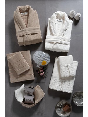 Mürdüm Home Ilya 10 Parça Aile Bornoz Takımı-Premium, Dantelli Bornoz Seti + 2 Kese ve 2 Sabun Hediye, Çeyizlik