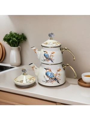Porlisma Çift Kapak Serçe Dekor Emaye Çaydanlık Takımı, Gold Saplı Emaye Çaydanlık