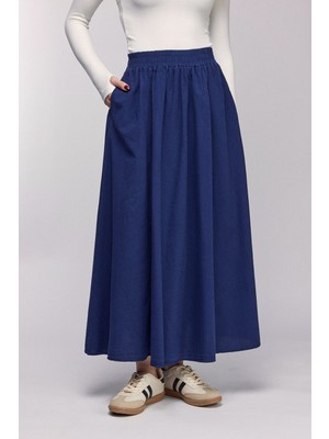 Saade Lacivert Kadın A Kesim Yüksek Bel Cepli Dökümlü Kloş Etek - Dokulu Keten