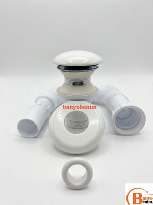 İz Yapı Pop Up Sifon Taşma Delikli Porselen Kafa Beyaz Renk Sifon ve Beyaz Renk Lavabo Yüzüğü