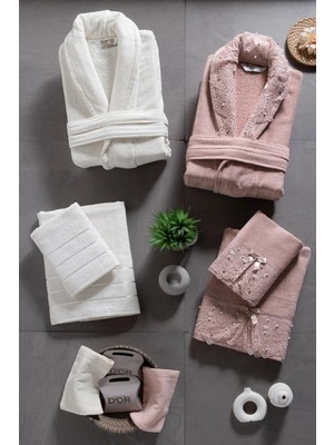 Mürdüm Home Ilya 10 Parça Aile Bornoz Takımı-Premium, Dantelli Bornoz Seti + 2 Kese ve 2 Sabun Hediye, Çeyizlik