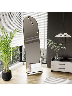 EVDEMO Pamir Gold Metal Çerçeveli Ayaklı Oval Boy Aynası 180X50 cm
