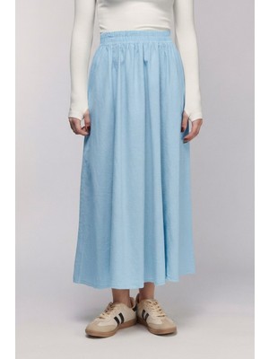 Saade Mavi Kadın A Kesim Yüksek Bel Cepli Dökümlü Kloş Etek - Dokulu Keten