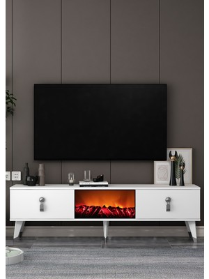 Cantek Dizayn TV0060-0060-TXA150-64 Şömineli Tv Sehpası Beyaz-Gümüş