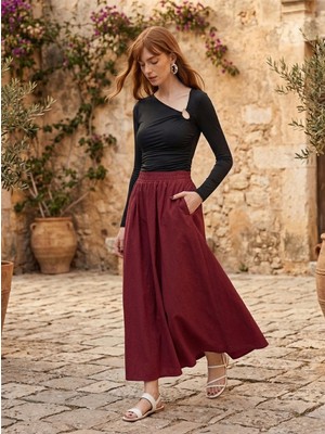 Saade Bordo Kadın A Kesim Yüksek Bel Cepli Dökümlü Kloş Etek - Dokulu Keten
