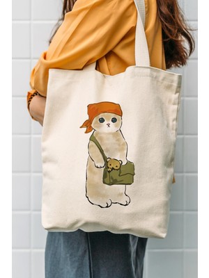 Çınar Bez Çanta Çınar Krem Renkli Kanvas Çanta Kedi Baskılı Günlük Kullanım İçin Şık Tasarım C1611