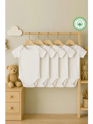 Bebeqon Beyaz Kısa Kol Bebek Zıbın 5’li Paket Bisiklet Yaka Unisex Body Seti %100 Pamuk