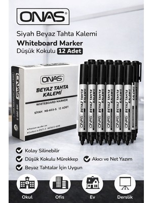 Popüler Sepet Onas Siyah Beyaz Tahta Kalemi Whiteboard Marker Düşük Kokulu 12 Adet Kutu