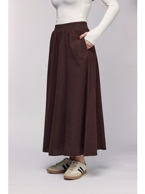 Saade Kahverengi Kadın A Kesim Yüksek Bel Cepli Dökümlü Kloş Etek - Dokulu Keten