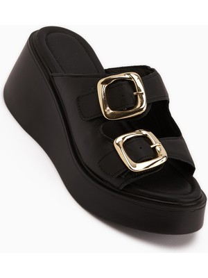 Limoya Luna Hakiki Deri Siyah Çift Bantlı Platform Topuklu Kadın Terlik