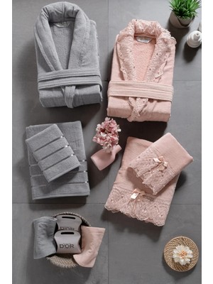 Mürdüm Home Ilya 10 Parça Aile Bornoz Takımı-Premium, Dantelli Bornoz Seti + 2 Kese ve 2 Sabun Hediye, Çeyizlik
