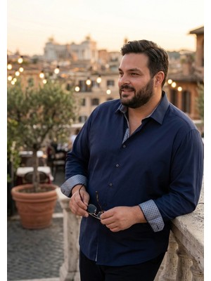 Exve Exclusive Lacivert Pamuk Saten Dokuma Yaka Manşet Desen Detaylı Büyük Beden Battal Gömlek