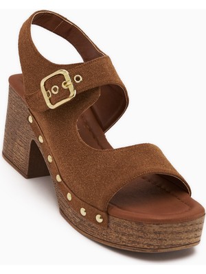 Limoya Cleo Taba Süet Kemerli Platform Topuklu Kadın Sandalet