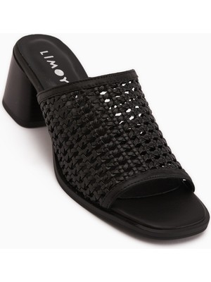 Limoya Luzia Hakiki Deri Siyah El Örgüsü Topuklu Kadın Terlik