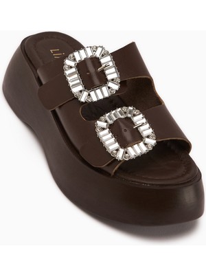 Limoya Daina Hakiki Deri Kahve Taşlı Kadın Terlik