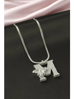 Arı Zirkon Taşlı Gümüş Renkli Harfli Çelik Kolye Nemere