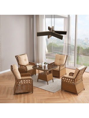 EVDEMO Duru 4 Kişilik Rattan Bahçe Balkon Mutfak Masa Takımı Kahve