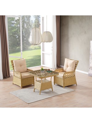 EVDEMO Duru 2 Kişilik Rattan Bahçe Balkon Mutfak Masa Takımı Cappuccino