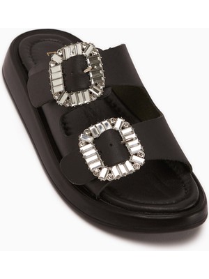 Limoya Esila Hakiki Deri Siyah Taşlı Kadın Terlik