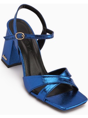 Limoya Lean Mavi Çapraz Bantlı Kalın Topuklu Kadın Sandalet