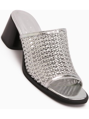 Limoya Luzia Hakiki Deri Gümüş El Örgüsü Topuklu Kadın Terlik