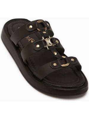 Limoya Blenda Hakiki Deri Siyah Tokalı Kadın Terlik