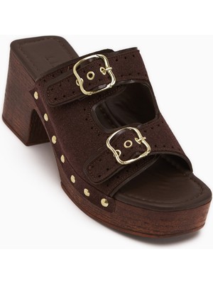 Limoya Diala Kahve Süet Çift Bantlı Kadın Platform Topuklu Terlik