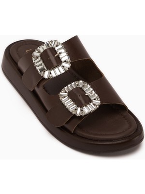 Limoya Esila Hakiki Deri Kahve Taşlı Kadın Terlik