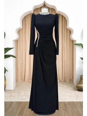 Amine Hüma Kristal Taş Detaylı Beli Drapeli Dilem Abiye Siyah