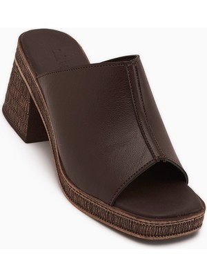 Limoya Fanny Hakiki Deri Kahve Topuklu Kadın Terlik