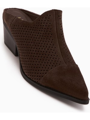 Limoya Lamai Hakiki Deri Kahve Önü Kapalı Topuklu Kadın Terlik