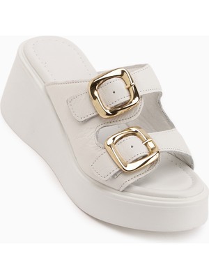 Limoya Luna Hakiki Deri Beyaz Çift Bantlı Platform Topuklu Kadın Terlik