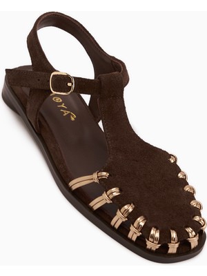 Limoya Kiera Hakiki Deri Kahve Süet Kemerli Kadın Sandalet