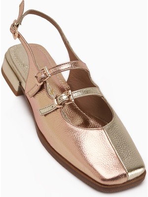 Limoya Winny Hakiki Deri Altın Çift Bantlı Kadın Sandalet