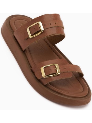 Limoya Matea Hakiki Deri Taba Çift Bantlı Kadın Terlik