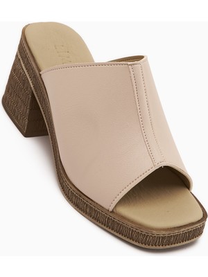 Limoya Fanny Hakiki Deri Bej Topuklu Kadın Terlik