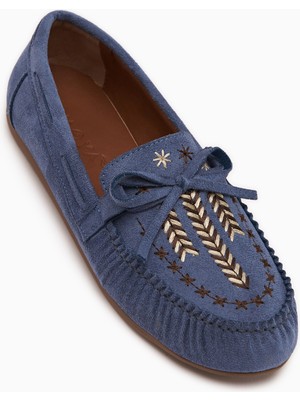 Limoya Darya Mavi Süet Nakışlı Makosen Ayakkabı Kadın Loafer