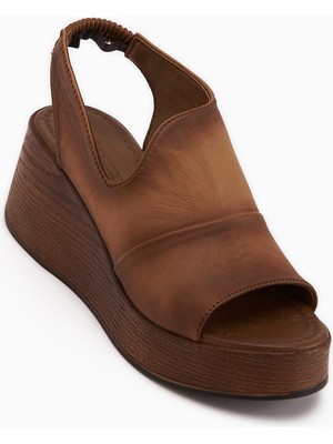 Limoya Rozelin Hakiki Deri Taba Lastikli Dolgu Topuklu Kadın Sandalet