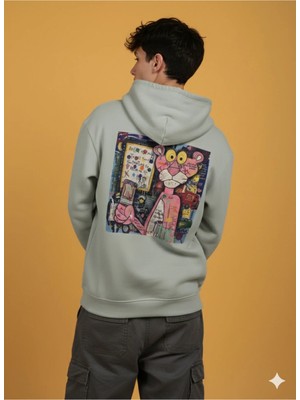 Lenithra Pembe Panter Sırt Baskılı Unisex Oversize Hoodie